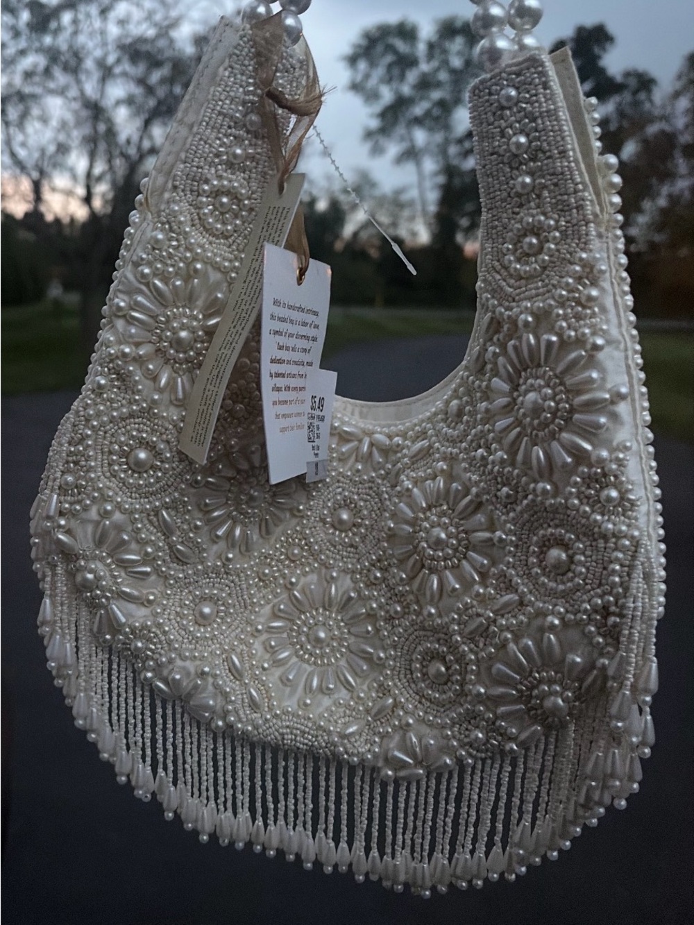 Pearl-Beaded Fringe Shoulder Bag - Ivory made in India